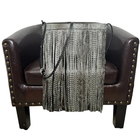 Michael Kors Collection Joni Gray Black Python Leather Fringe Fall Winter Clutch - Picture 7 of 16